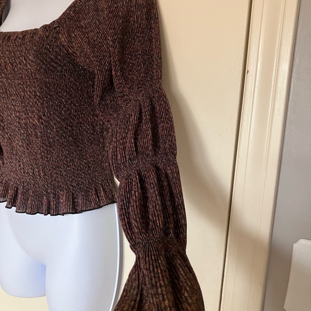 Anthropologie Brown Metallic Smocked Puff Sleeved Juliet Top Medium - Picture 3 of 7